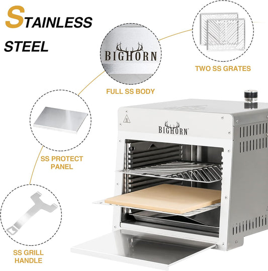 BIG HORN OUTDOORS 1500°F Infrared Steak Grill – Portable Propane Sear Station & Salamander Broiler (Stainless Steel + Pizza Stone)