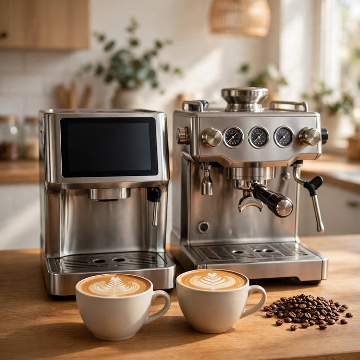 Two espresso machines side by side with latte art and coffee beans