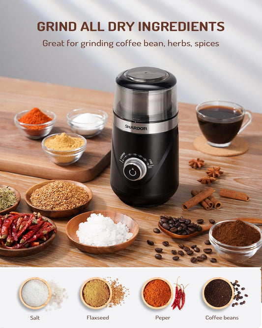 SHARDOR Electric Coffee Grinder – Adjustable Burr-Style Grinding for Espresso, Beans, Herbs & Spices (Removable Stainless Steel Bowl, Black)