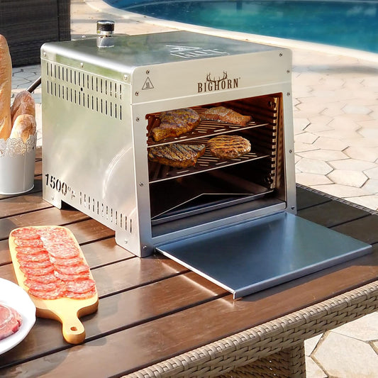 BIG HORN OUTDOORS 1500°F Infrared Steak Grill – Portable Propane Sear Station & Salamander Broiler (Stainless Steel + Pizza Stone)
