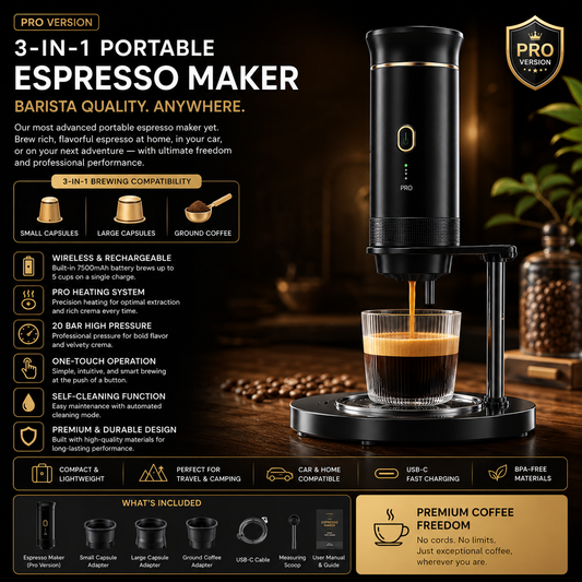 3-in-1 Portable Espresso Maker – Wireless Coffee Machine for Home, Car & Outdoor Adventures