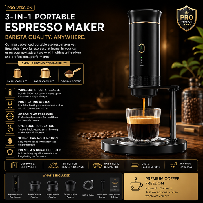 3-in-1 Portable Espresso Maker – Wireless Coffee Machine for Home, Car & Outdoor Adventures